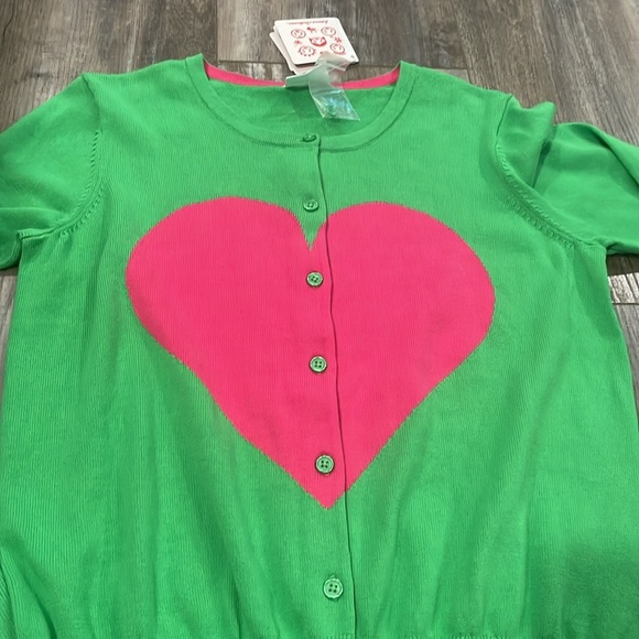Hanna Andersson Green & Pink Valentine’s Heart Cardigan Cotton Button Up NEW - Picture 2 of 3